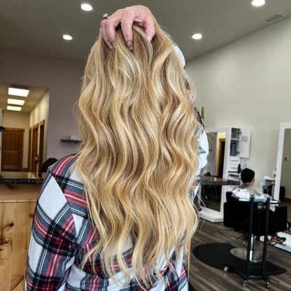 Heidi color Siren Hair Extensions featuring a golden copper Level 8 base with piano-keyed dimensional ends, including Level 9 golden copper lowlights and Level 10 sunny golden blonde highlights. Perfect for natural strawberry blonde and sunny blonde styles.