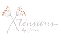 A minimalist logo for 'Xtensions by Grace' featuring two crossed dandelion-like umbrellas in a muted terracotta orange on a light gray script brand name, set against a solid white background.